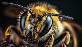 Honey bee macro shot, close-up, dark background. Agricultural farming insect. AI generated. photo