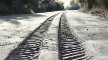 Track rubber tire track on the road with markings close-up. Transport highway for movement. AI generated. photo