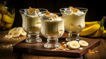 Glasses with delicious banana pudding on table. AI Generative photo