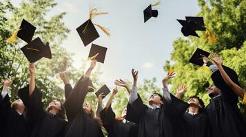 A group of graduates throwing graduation caps in the air. Generative AI photo