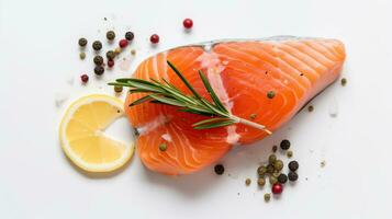 Slice of red fish salmon with lemon, rosemary and peppercorns isolated on white background. Top view, Generative AI photo