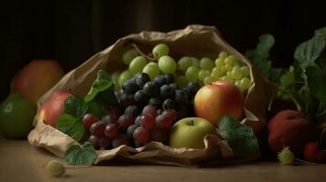 Bunch of mixed organic fruits, greens vegetables, gourmet pile in full eco friendly shopping bag to reduce ecological footprint. Zero waste concept. copy space, Generative AI photo