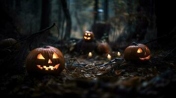 Víspera de Todos los Santos calabazas en el bosque. generativo ai foto