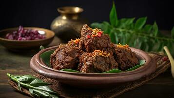 Rendang is an Indonesian West Sumatra spicy meat that slow cooked in coconut milk and mixed spices, served during festive events like wedding, Eid Al Fitr and Eid Al Adha, AI Generative photo