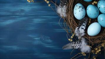 Banner. Easter eggs, feathers in a nest on a blue wooden background. The minimal concept, , generative ai photo