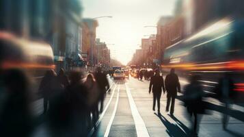 A busy city street, motion, people, rush hour time in city life on bokeh background. Generative AI photo