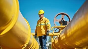 un masculino trabajador soportes debajo el amarillo pintado tubería a el petróleo refinería. generativo ai foto