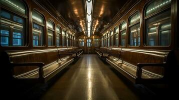 un subterraneo coche lleno con un montón de de madera bancos, reflejado, ai generativo foto