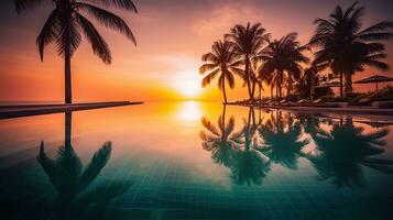 Outdoor luxury sunset over infinity pool swimming summer beach front hotel resort, tropical landscape. Generative AI photo