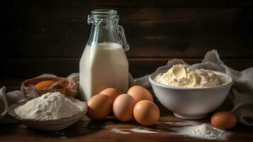 Fresh ingredients for dough, flour, milk, eggs, vegetable oil, generative ai photo