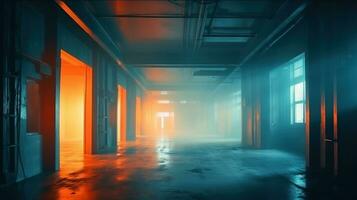 Smoke Fog, Mist Big Hall Neon City Retro Modern Virtual Reality Sci Fi, Futuristic Blade Runner Orange Blue Concrete, 3D Rendering, Illustration. Generative AI photo