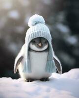 Cute little penguin in a winter blue hat on a snowy background. photo