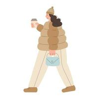 joven moderno mujer en calentar ropa con café taza. casual elegante ciudad calle estilo Moda trajes sonriente mujer vistiendo en un calentar abajo chaqueta. otoño y invierno vector ilustración