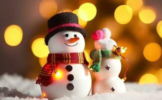 A Festive Snowman Gleams Amidst a Delightful Christmas Light Background. Generative AI photo