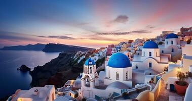 During dusk without people. Beautiful view the blue domed churches in the village of Oia, Santorini, Generative AI photo