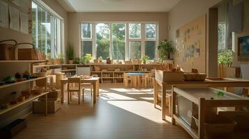 interior de un montessori jardín de infancia, concepto de niños aprendiendo. ai generativo foto
