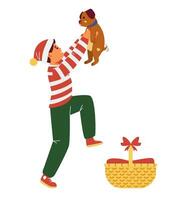 Happy boy in Christmas outfit holding a puppy near wicker basket flat vector illustration isolated on white. Kid in Santa hat receiving Christmas gift.