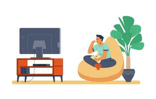 Adolescente chico acecho televisión a hogar plano vector ilustración. chico sentado en el frijol bolso silla comiendo popular maíz.