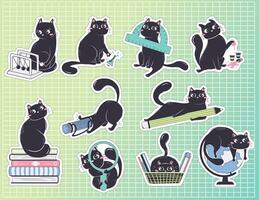 bundle of cat stickers with school items in flat style. The concept of animals returning to school. Vector illustration of student life.