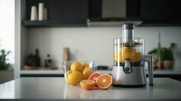 Juicer with fresh citrus fruits and glass of juice on table in kitchen. AI Generative photo