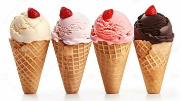 Ice cream scoops in cones with chocolate, vanilla and strawberry isolated on white background. Generative AI photo