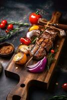 Cooked delicious realistic shish kebab on a skewer and grilled baked vegetables in close-up on an oak board in the form. Realistic background with beautiful realistic lighting, generative ai photo