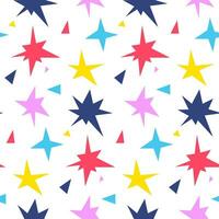 Seamless pattern in the form of various shapes and colors of stars. Bright sparks on the background of fireworks symbols, glow. Twinkle glare, glowing, light effect, bright flash. Vector of stars