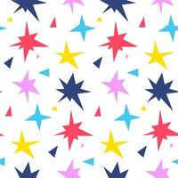 Seamless pattern in the form of various shapes and colors of stars. Bright sparks on the background of fireworks symbols, glow. Twinkle glare, glowing, light effect, bright flash. Vector of stars