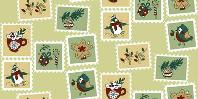 A pattern of cute hand-drawn postage stamps with Christmas and New Year paraphernalia, garland, cocoa, penguin, star. Fashionable vector illustrations in cartoon retro style with a bright outline