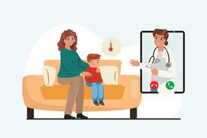 Worried mother about her son calling doctor. Telemedicine, online, healthcare, childhood, medicine concept. vector