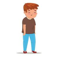 Boy upset about something. Cute sad child in t-shirt and blue jeans. vector