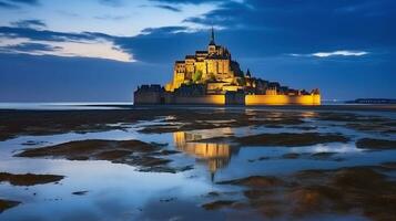 Low tide on the coast and view to the castle with night lights in Normandy, Generative AI photo