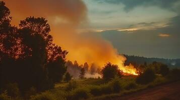 envuelto desierto, un campo bosque cubierto en noche calina como fuego fumar velos el nublado cielo. generativo ai foto