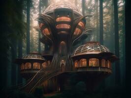 A luxury futuristic art treehouse village in the redwood forest at dawn. Generative AI photo