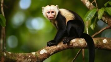 de cabeza blanca capucho, negro mono sentado en árbol rama en el oscuro tropical bosque. generativo ai foto