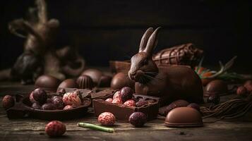 chocolate Pascua de Resurrección huevos, Conejo y dulces en ligero de madera fondo, ai generativo foto