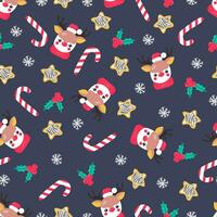 Seamless Christmas pattern with deer face, cookie, holly, sugar cane and snowflake. On a dark background. Print for fabric, wrapping paper or wallpaper. New Year and winter holidays background vector