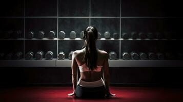 Rear View, a female muscle building athlete sitting with dumbbells, a jogger, in the style of emotional intensity, Generative AI photo