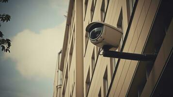 vídeo vigilancia cámara es montado en un polo fuera de un Departamento edificio para monitor seguridad. generativo ai foto