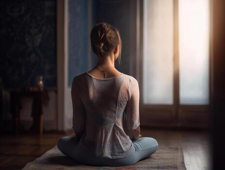 Young woman with good posture meditating at home, generative ai photo
