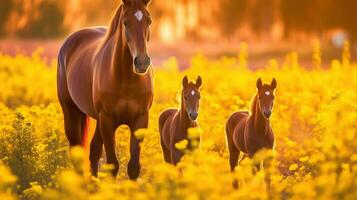 Mother and foal standing in a field of yellow flowers, in the style of beautiful, light red and light amber, Generative AI photo