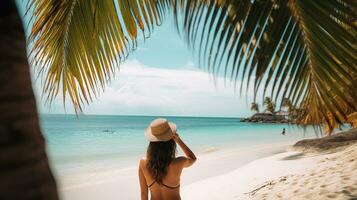 A Picture of Peace and Contentment as a Young Woman Enjoys the Tropical Island Shoreline, Sheltered by Graceful Coconut Trees. Generative AI photo