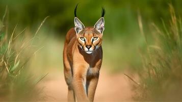 Caracal in green grass vegetation. Animal face to face walking on gravel road, Beautiful wild cat in nature habitat. Generative AI photo