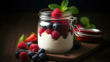 A jar of yogurt with berries, raspberries, and mint. Generative AI photo