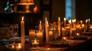 un festivamente servido mesa. un vela en el mesa. generativo ai foto