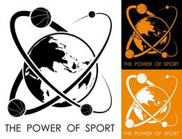 basketball balls revolve around planet earth in form of atom. Power and energy of sport. Sport competition emblem. Vector