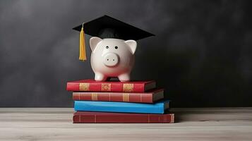 cerdito banco con graduación sombrero y libros en mesa. ai generativo foto