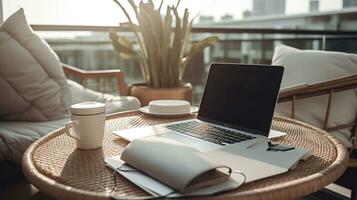 hogar oficina concepto. designado trabajo desde hogar zona a el balcón. moderno computadora portátil, cuaderno y un taza de café en mesa, elegante Paja silla con cojines cerca arriba, ai generativo foto