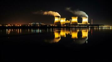 noche luces de nuclear poder estación, generativo ai foto