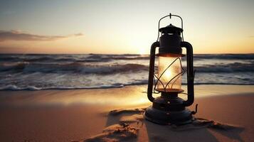 puesta de sol abrazo capturas el belleza de un antiguo linterna en el playa, pintura un fascinante fotografía. generativo ai foto